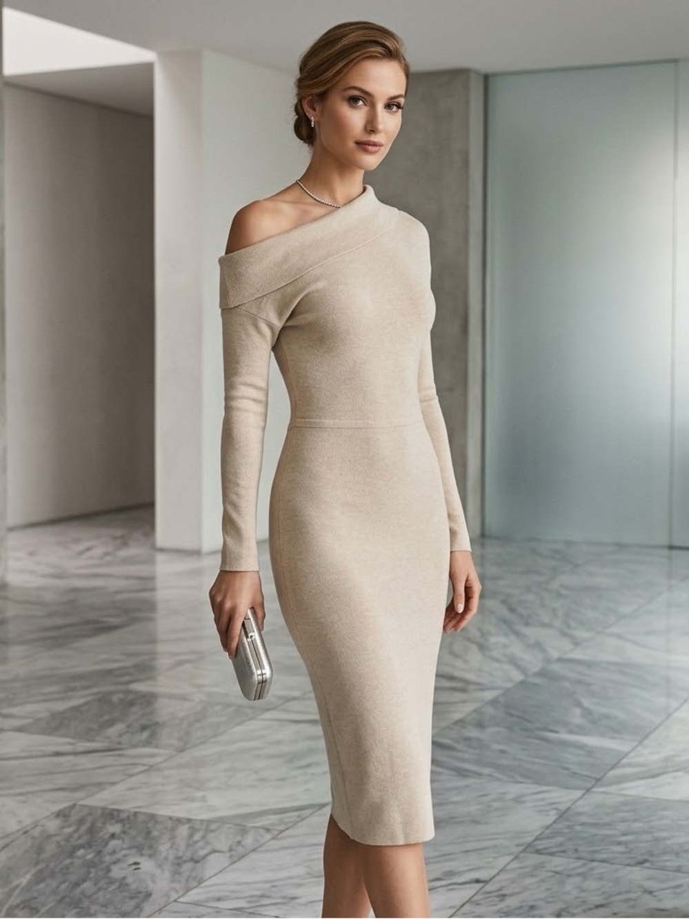 REISS Woman Sweater Dress S Beige Cream Bodycone Off The Shoulder Wool Cashmere